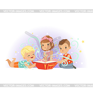 Group of little kids, boys and girl reading magic - vector image