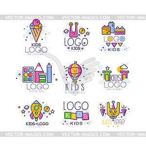 Creative colorful kids logo set in line style. Ice - vector clipart
