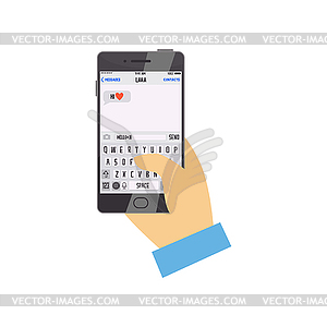 Flat cartoon with man s hand typing Hello text on - royalty-free vector image