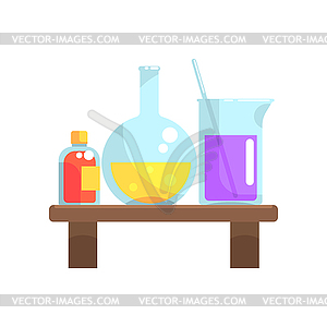 Laboratory chemicals in glassware stand on wooden - vector image