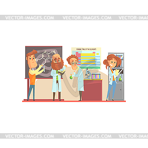 Group of men scientists and girl assistant in - vector EPS clipart