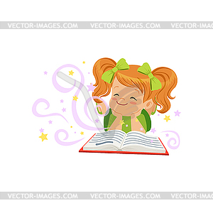 Little kid lying with magic book and dream of - vector image