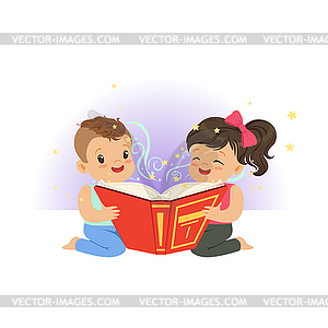 Двое маленьких детей, читающих волшебную книгу с - векторный эскиз