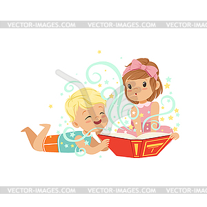 Boy with little girl reading magic book with fantas - royalty-free vector image