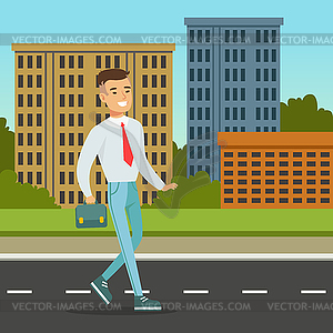 Smiling man walking down street with blue briefcase - vector clipart