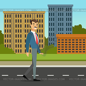Happy mustached man walking down street. City - stock vector clipart