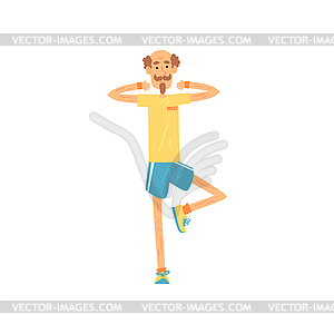 Elderly male standing on one leg and raising arms a - vector image