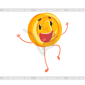 Joyful golden coin jumping with hands up. Cartoon - vector image