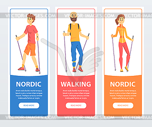 Set of banners with people Nordic walking. - vector clipart