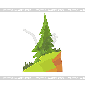 Пейзажная сцена с елкой и зеленой травой на - векторный клипарт