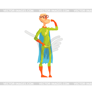 Old superhero showing his biceps. Grandfather in - vector clip art