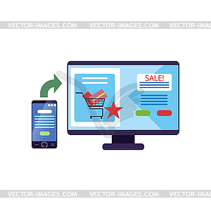 Computer monitor with internet store on screen. Eas - vector image