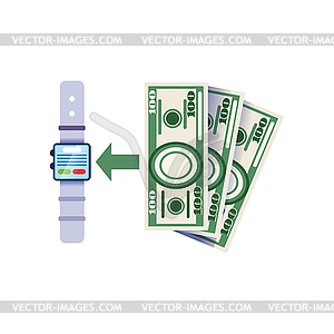 Using smartwatch to replenish bank account. Wearabl - vector clipart