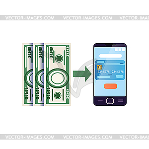 Operation with cash assets, using bank mobile app - vector clipart