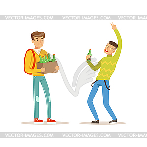 Boy came to party with box of alcoholic drinks. - vector clip art