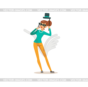 Beautiful girl with mask and hat on stick. - vector image