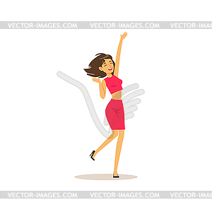 Beautiful brunette girl in dancing move. Cheerful - vector clipart