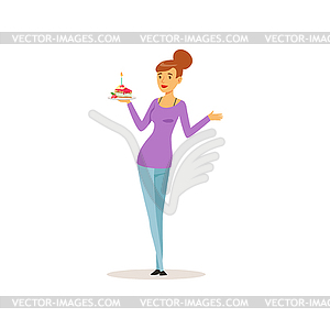 Женщина, держащая табличку с куском пирога с - векторное изображение