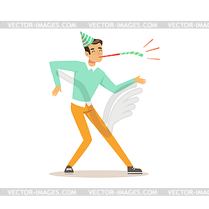 Funny young man dancing at birthday party. Cartoon - vector clipart