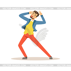 Dancing and singing man having fun during - vector image