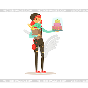 Young girl with cake and pack of foods. Organizatio - vector clip art