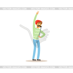 Cheerful hipster holding funny mustache on stick. - color vector clipart