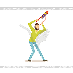 Bearded man launches firework rocket for birthday o - vector clipart