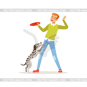 Cheerful red-haired man playing frisbee with his - vector image