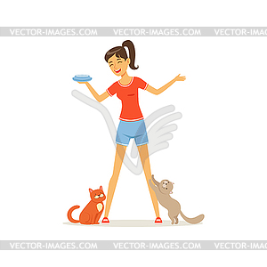 Cheerful girl feed kittens milk. Young woman - vector image