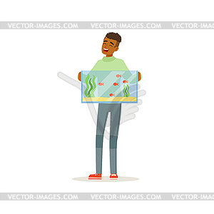 Black teenager boy holding big glass aquarium with - vector clipart