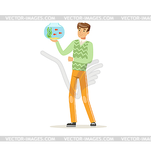 Young man holding glass bowl aquarium with fishes. - vector clipart