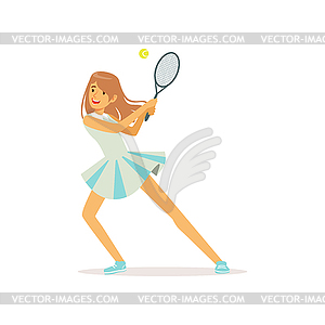 Cute girl with tennis racket and ball. - vector clipart
