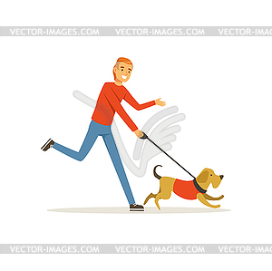 Happy red-haired man with dog on morning jogging. - vector clip art