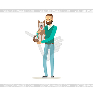 Handsome bearded man holding cute dog on hands. - vector clipart