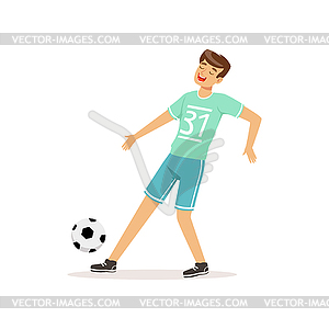Cheerful football player kicking ball. - vector clip art