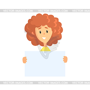 Young curly-haired woman holding blank sheet of - vector clipart