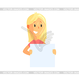 Flat young female with blank placard in hands. - vector image