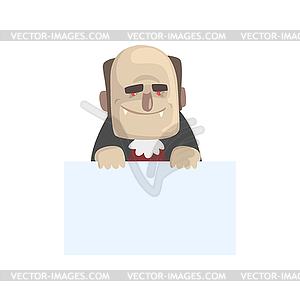Funny vampire with blank sheet of paper. Cartoon - vector clip art