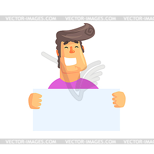 Handsome man with empty poster. Cartoon smiling - vector image