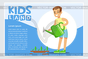 Teen boy watering plants with watering can, eco - vector clip art