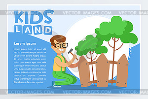 Boy repairing fence with hammer, eco concept, kids - vector clipart