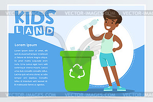 Мальчик бросает бутылку в зеленый контейнер с - векторное изображение