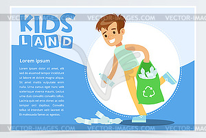 Smiling boy gathering plastic waste for recycling, - vector image