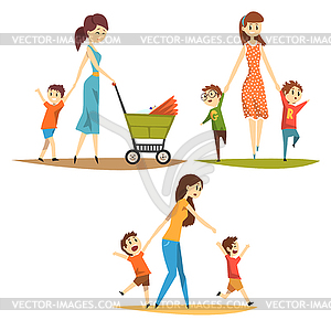 Cartoon character set of young mothers with kids. - vector image