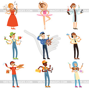 Multitasking people set with many hands. Workers - vector clipart