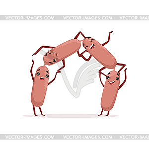 Chain of sausages with hands, legs and happy - vector clipart / vector image