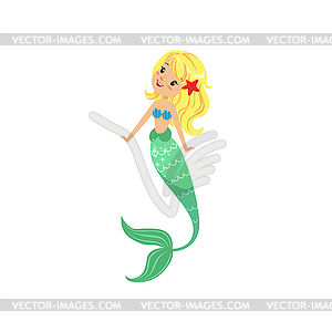 Blond mermaid girl with long fish tail and shell - royalty-free vector clipart