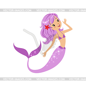 Colorful mermaid character with purple hair and lon - vector image