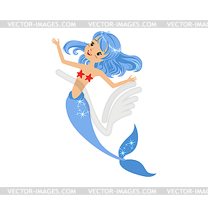 Happy mermaid with blue hair, fish tail and red - vector image