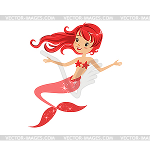 Mermaid girl with long red hair and shiny fish tail - vector clipart